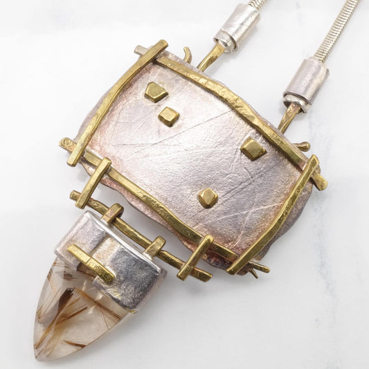 Studio Crafted Sterling Silver & Rutilated Quartz Necklace | Mixed Metals Pendant | Modernist Design