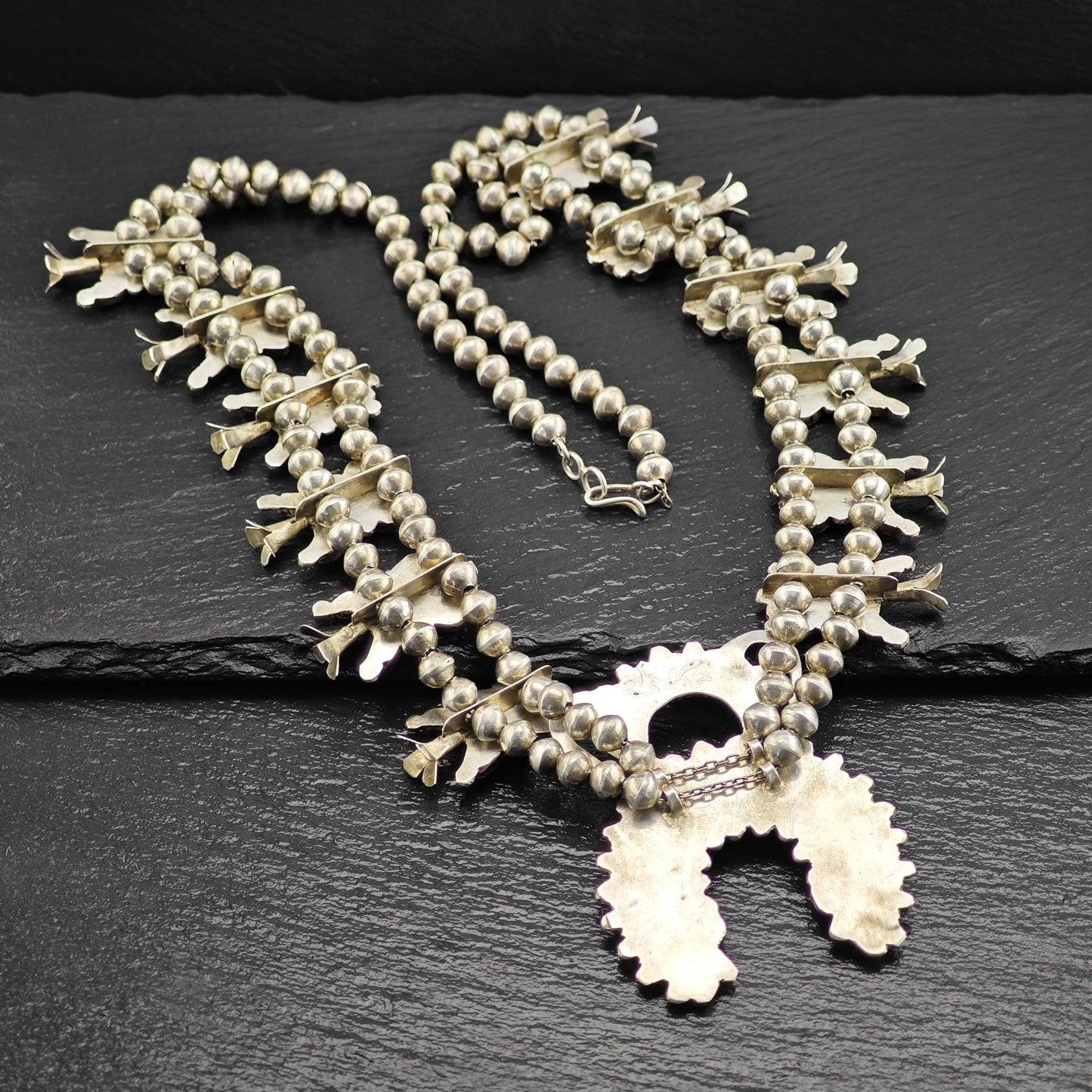 Vintage Zuni Sterling Silver Floral Squash Blossom Necklace with Blue Turquoise Cluster