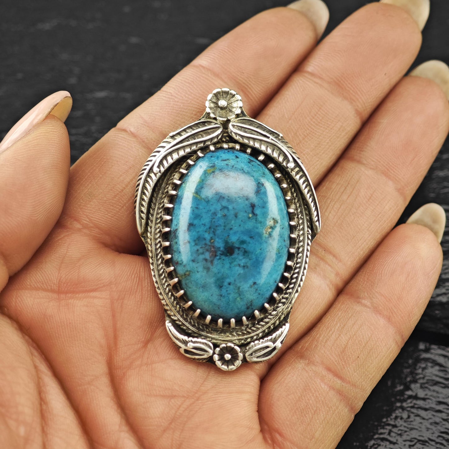 Native Treated Turquoise Floral Pendant Sterling Silver P2797
