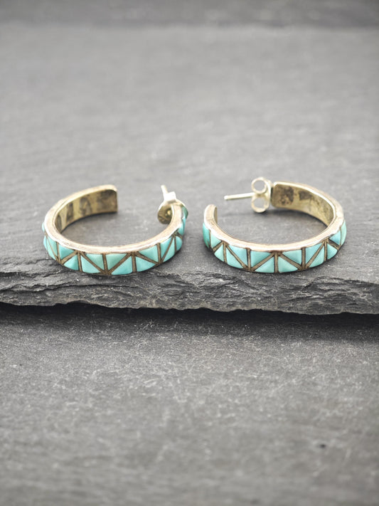 Zuni Inlay, Native American Sterling Silver Stud/Hoop Earrings ER2860