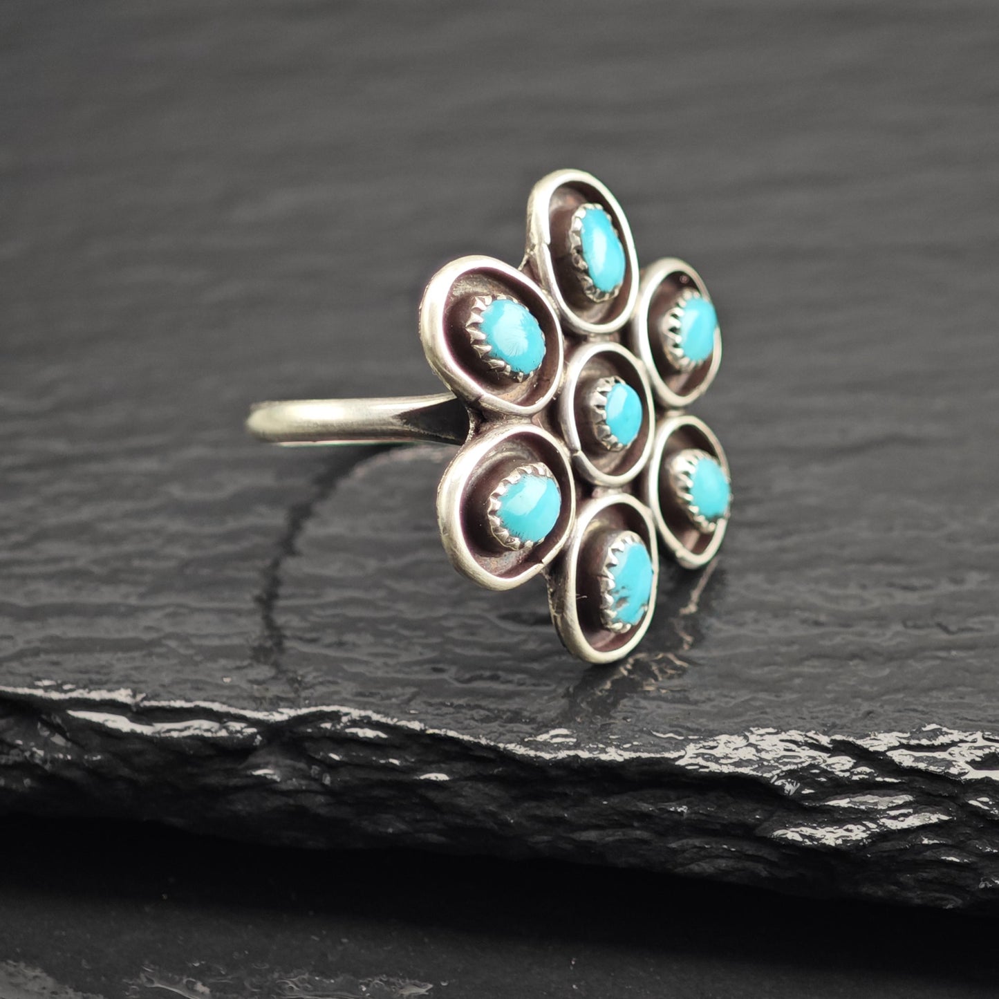 Vintage Native American Turquoise Flower Sterling Silver Ring Sz 7 3/4 R6646