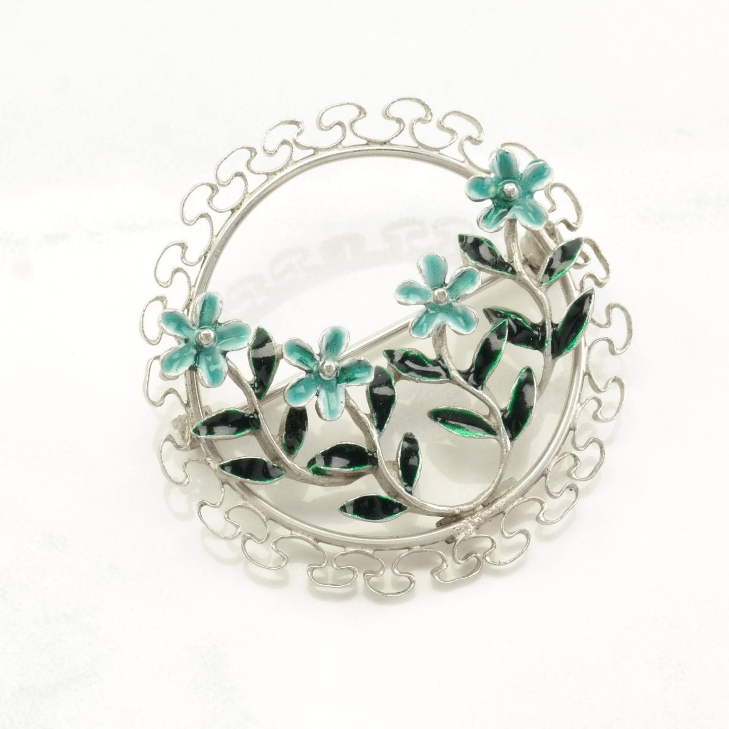 Silver Brooch Flower Wreath Enamel Sterling