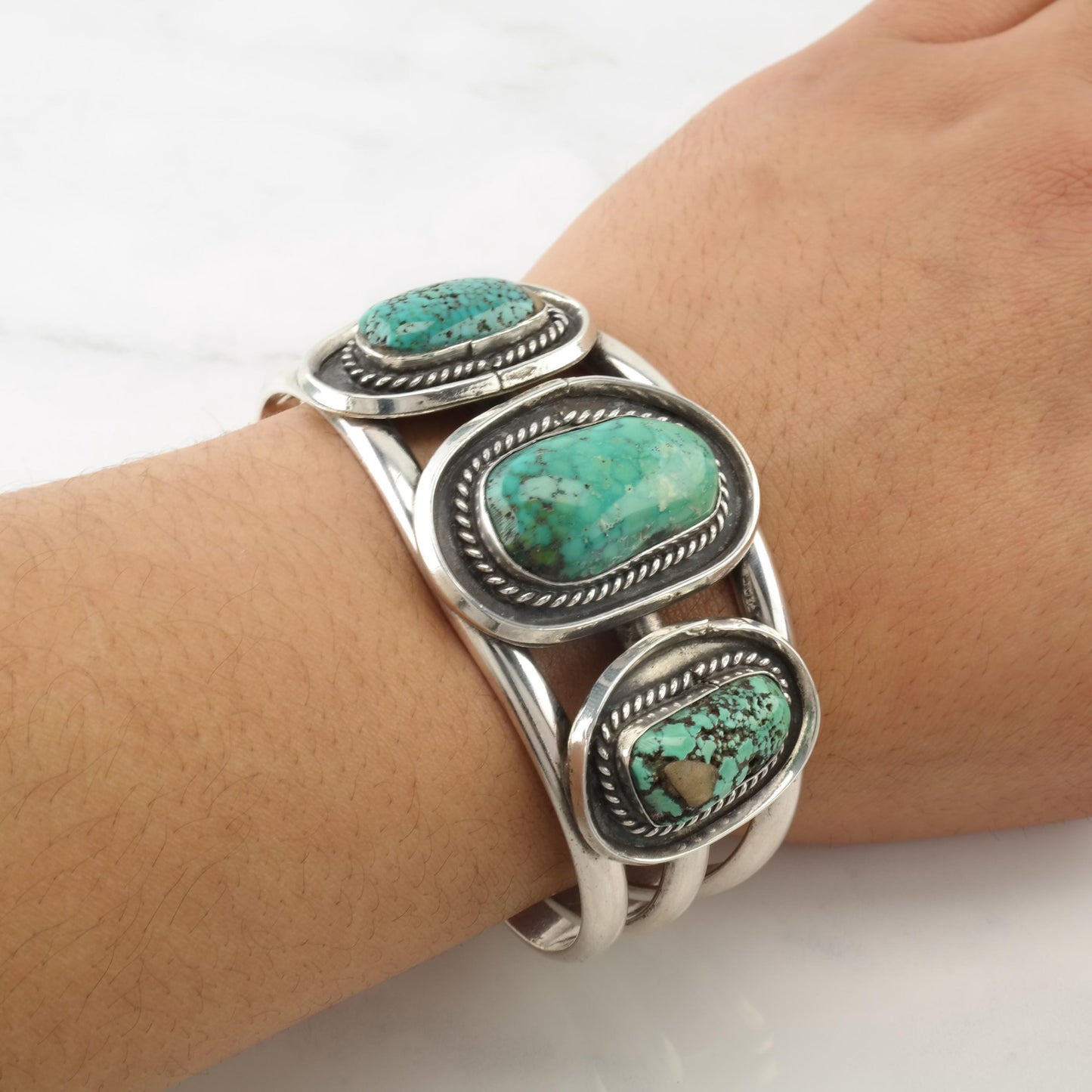 Native American Turquoise Cuff Bracelet Sterling Silver Green Spiderweb Waterweb