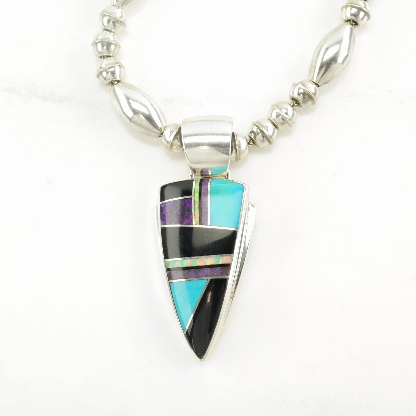 Native American Sterling Silver Blue, Black Turquoise, Onyx, Opal Inlay Necklace