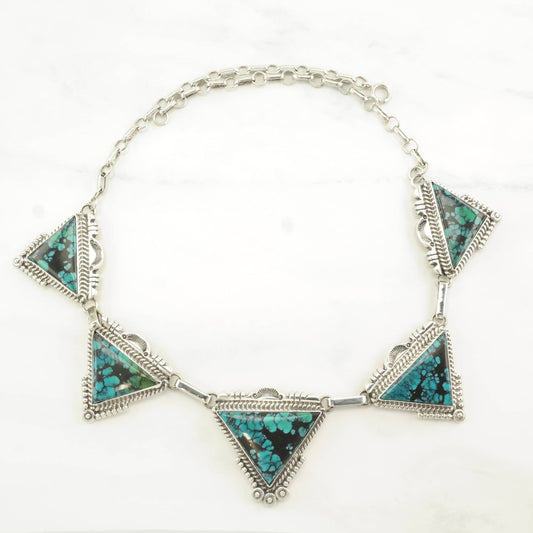 Vintage Native American Sterling Silver Blue Spiderweb, Turquoise Triangular Necklace