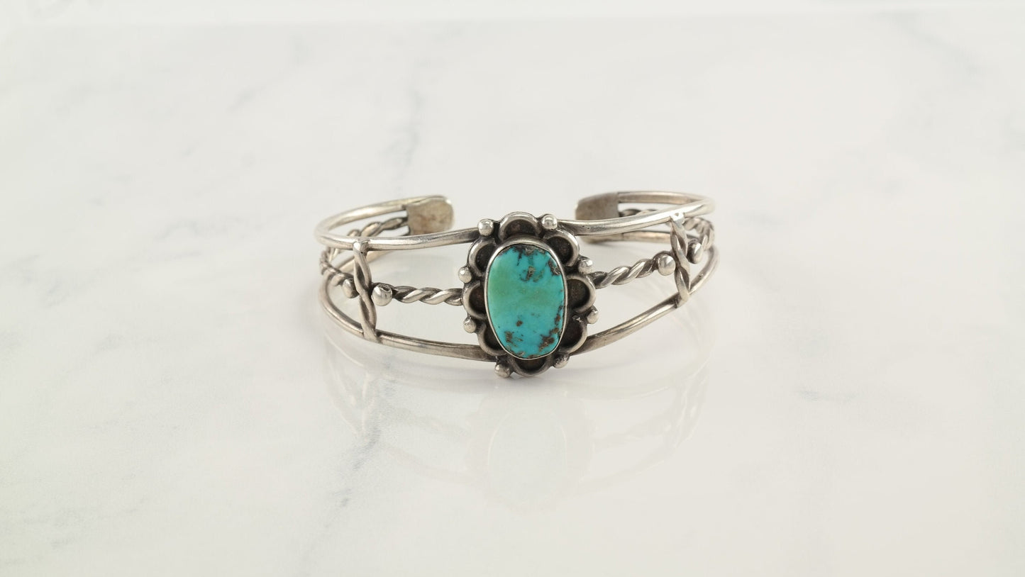 Native American Sterling Silver Cuff Bracelet Blue, Green Shade Fred Harvey Era Turquoise