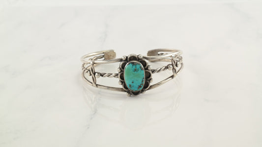 Native American Sterling Silver Cuff Bracelet Blue, Green Shade Fred Harvey Era Turquoise