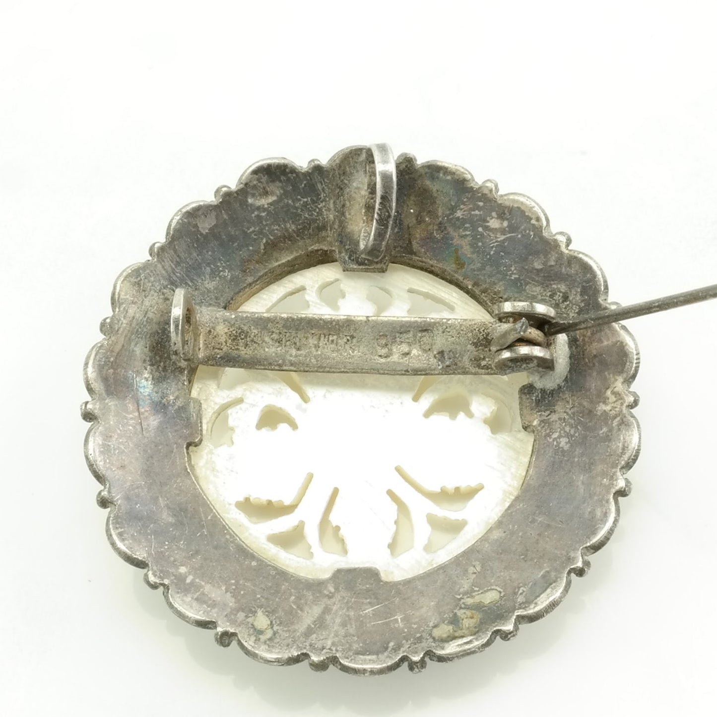 Vintage MOP Carved, Flower Sterling Silver Pendant