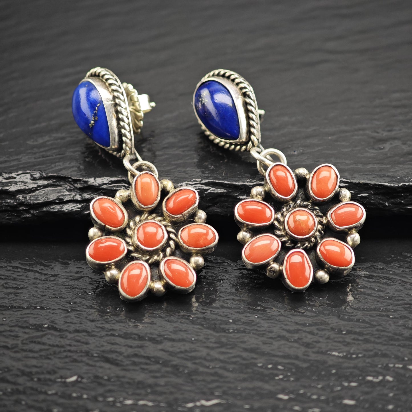 SW Lapis & Coral Floral Stud/Dangle Sterling Silver Earrings ER3170