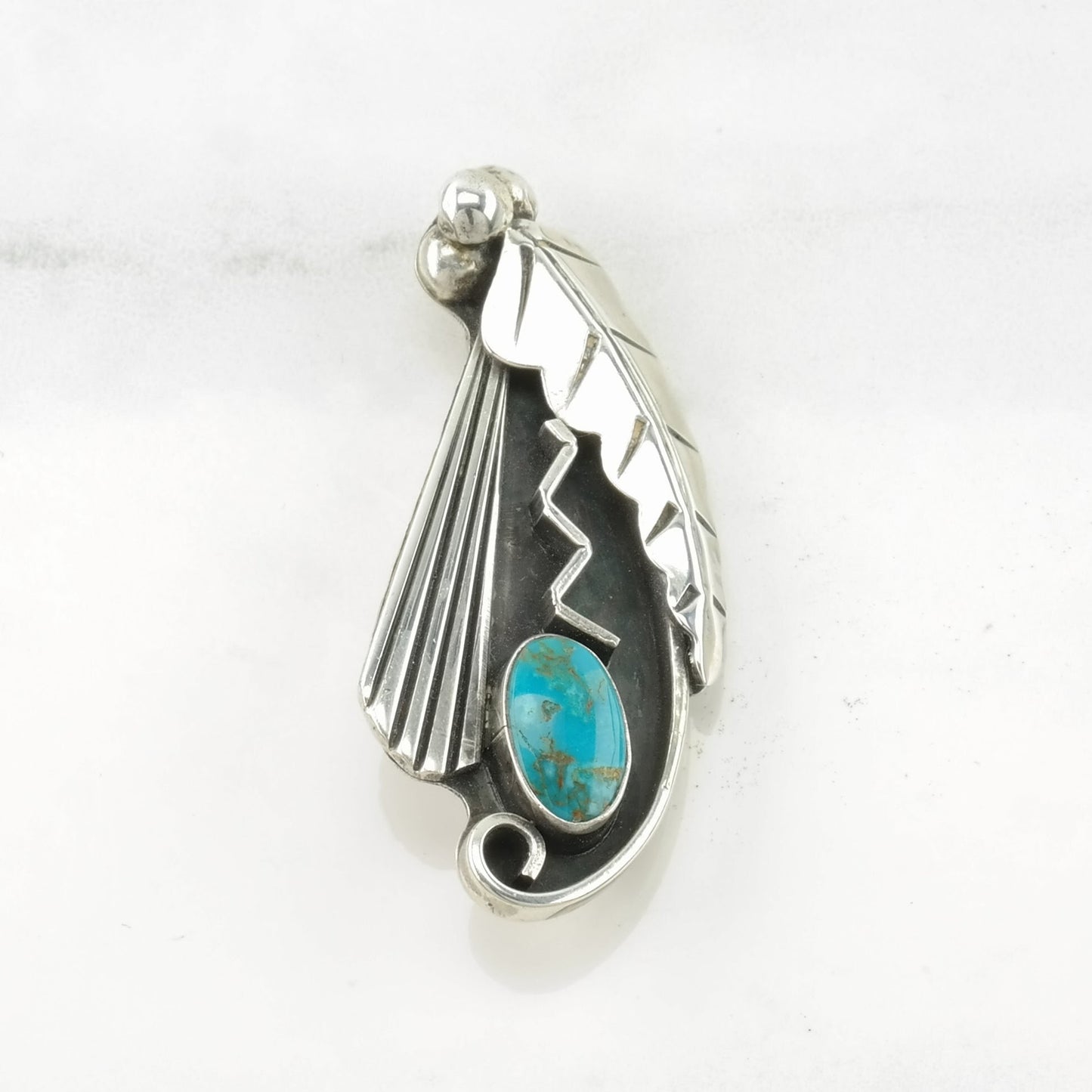 Native American Sterling Silver Brooch Leaf Blue Turquoise