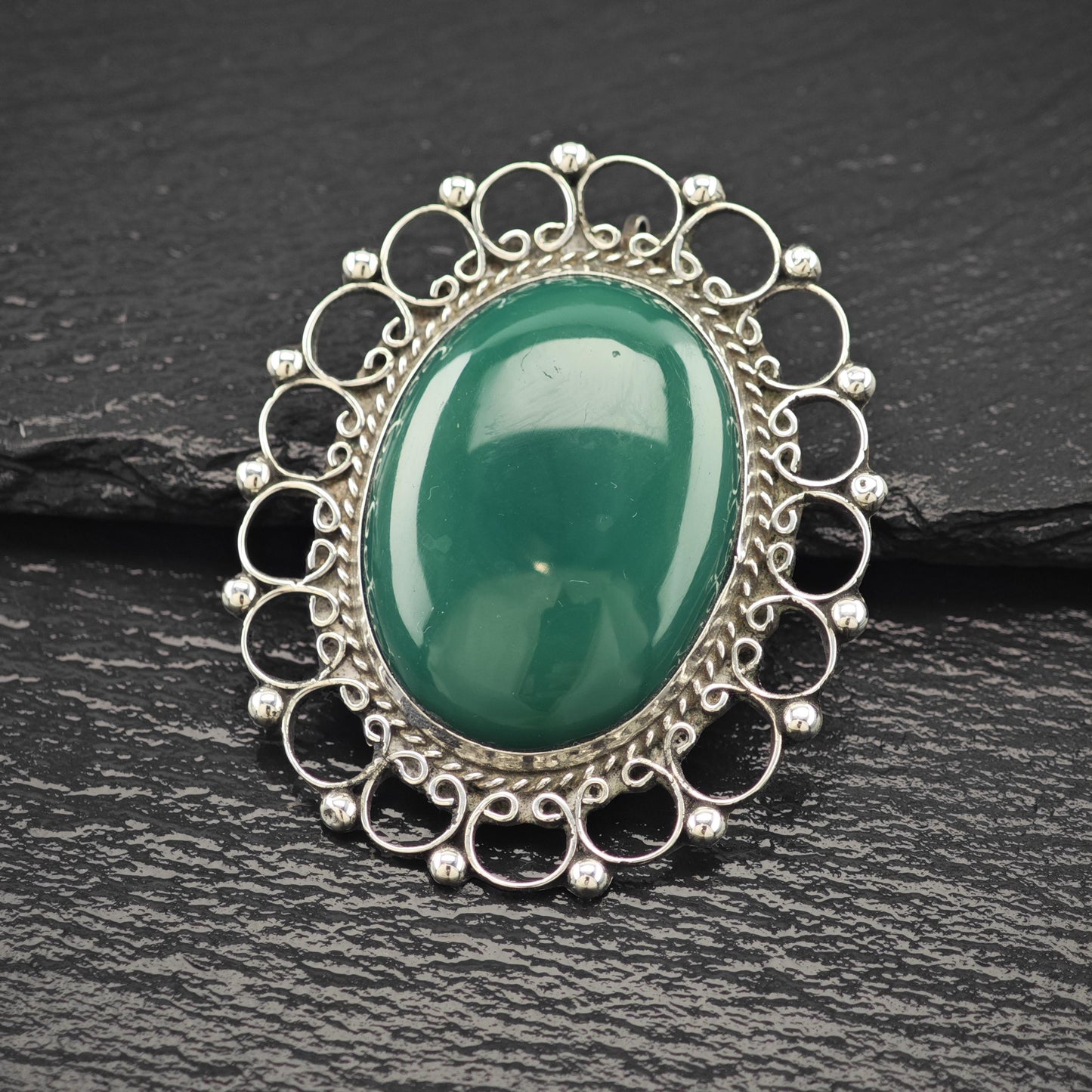 Green Onyx Mexican Brooch/Pendant Sterling Silver