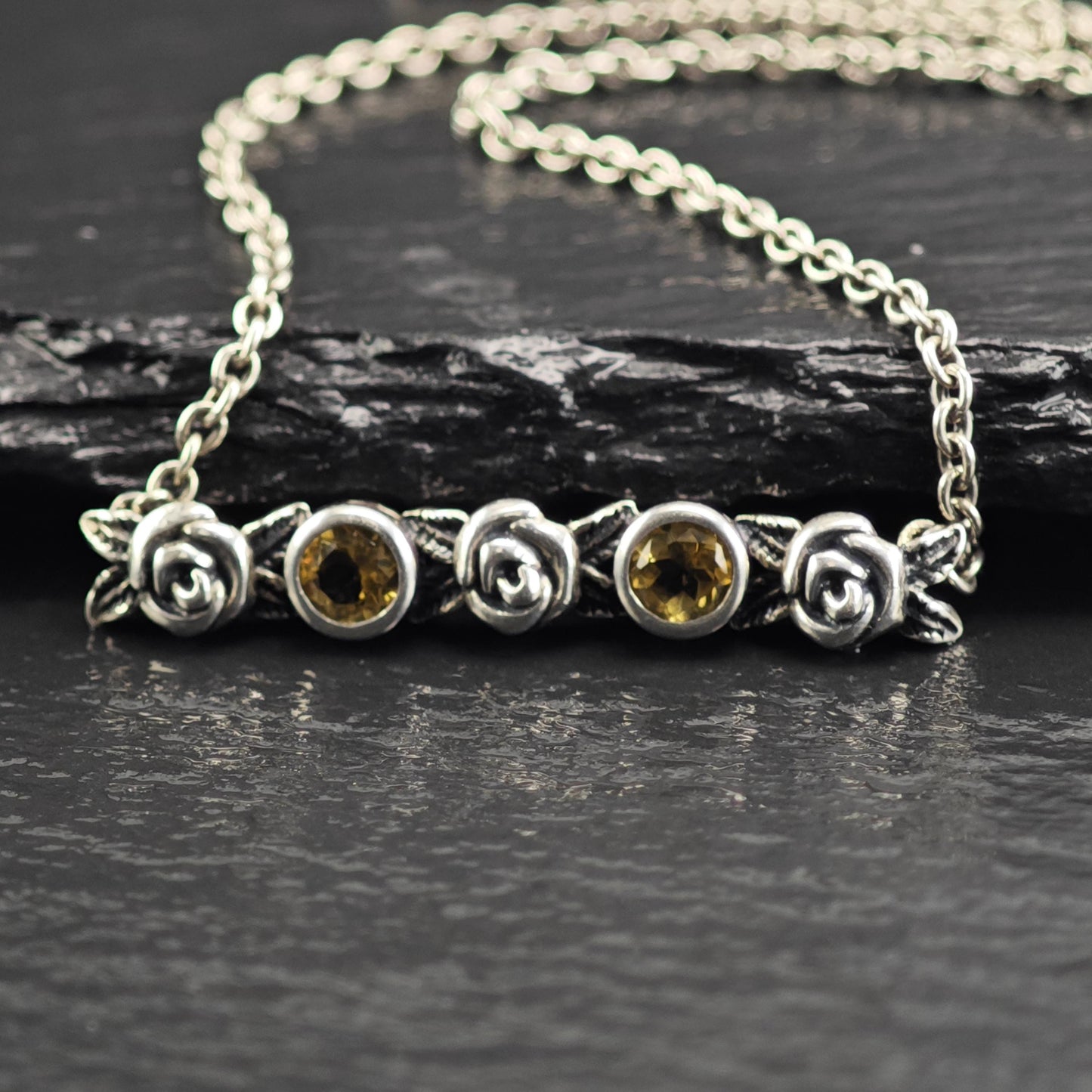 Yellow Citrine Floral Sterling Silver Necklace N2737