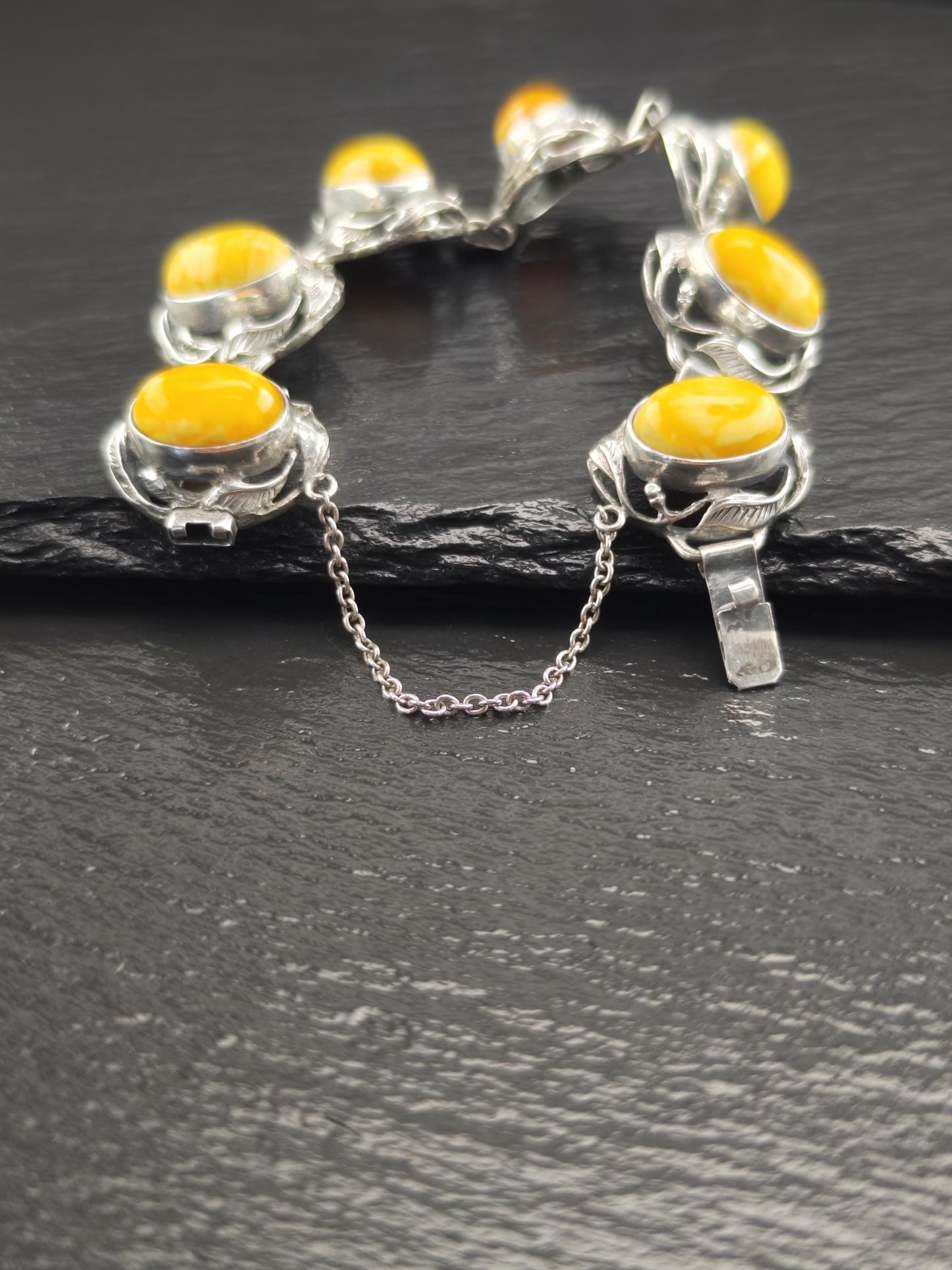 Baltic Amber Bracelet in Art Nouveau Style Yellow Opaque Sterling Silver