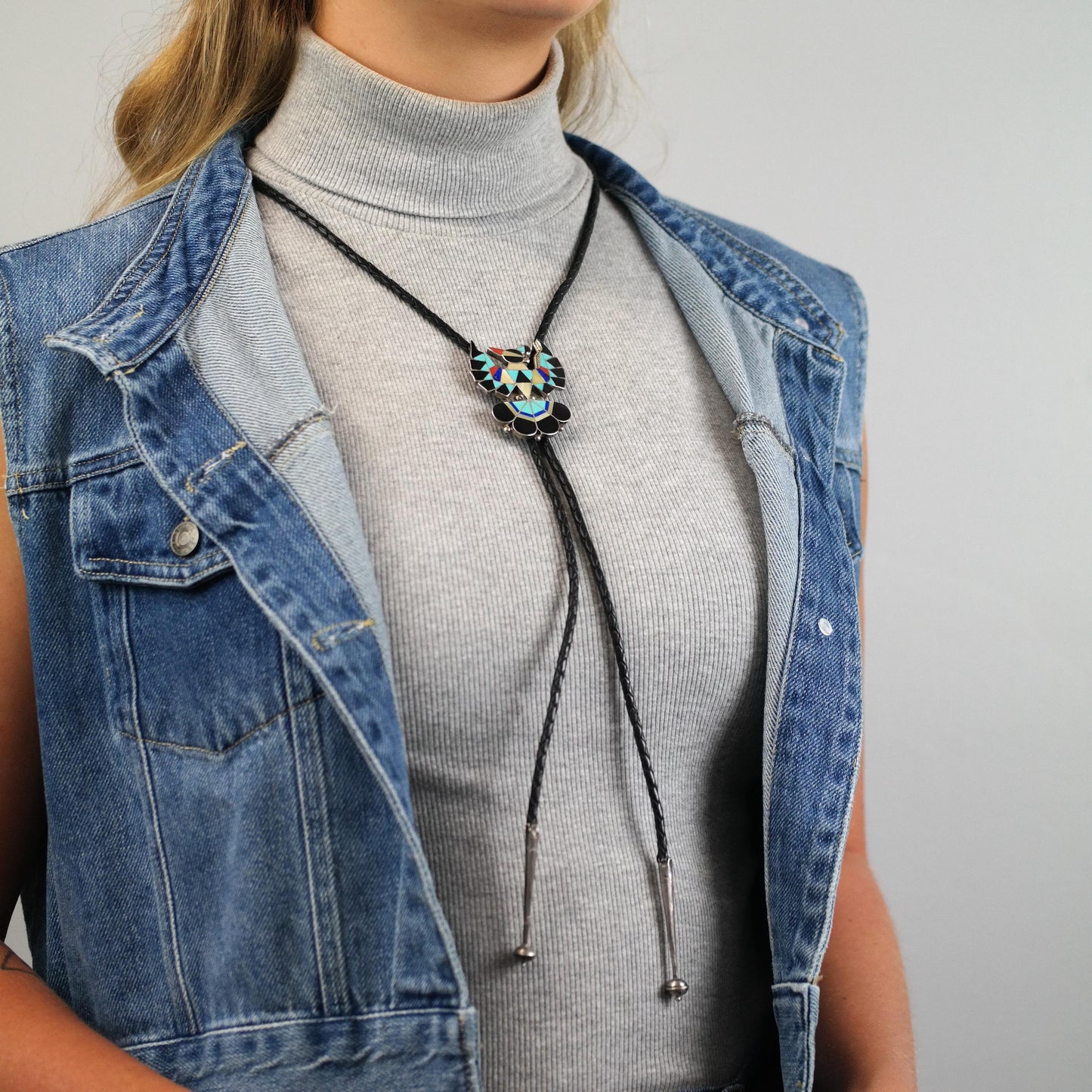 Vintage Native American Sterling Silver, Inlay Thunderbird Bolo Tie Necklace N2744