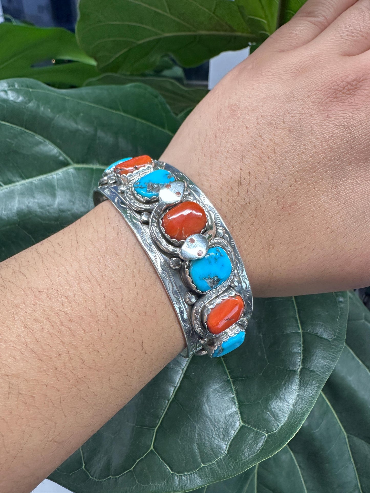 Zuni Snake Cuff Bracelet Native American Sterling Silver Sleeping Beauty Turquoise Mediterranean Coral