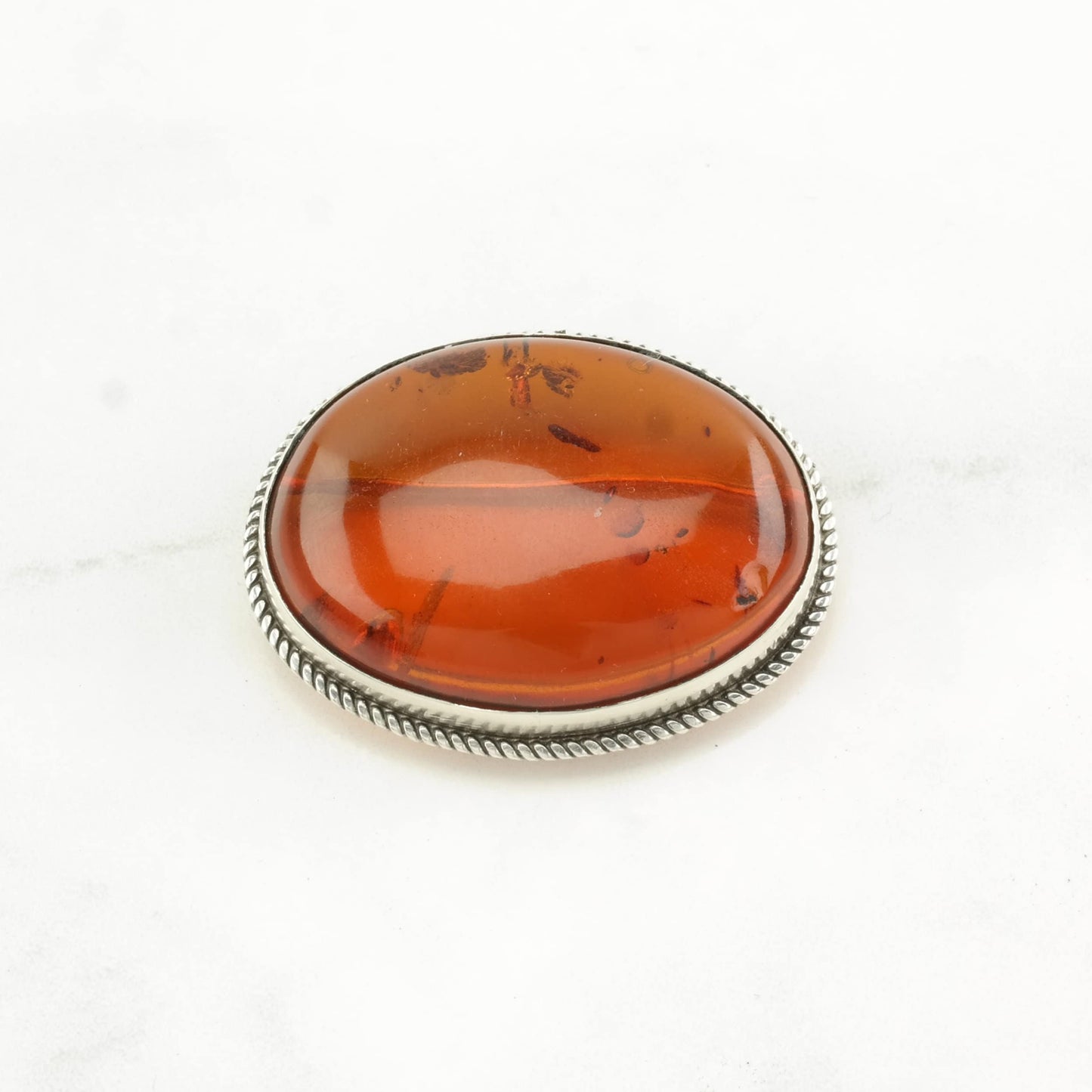 Vintage Orange Silver Brooch Pendant Large Amber Sterling