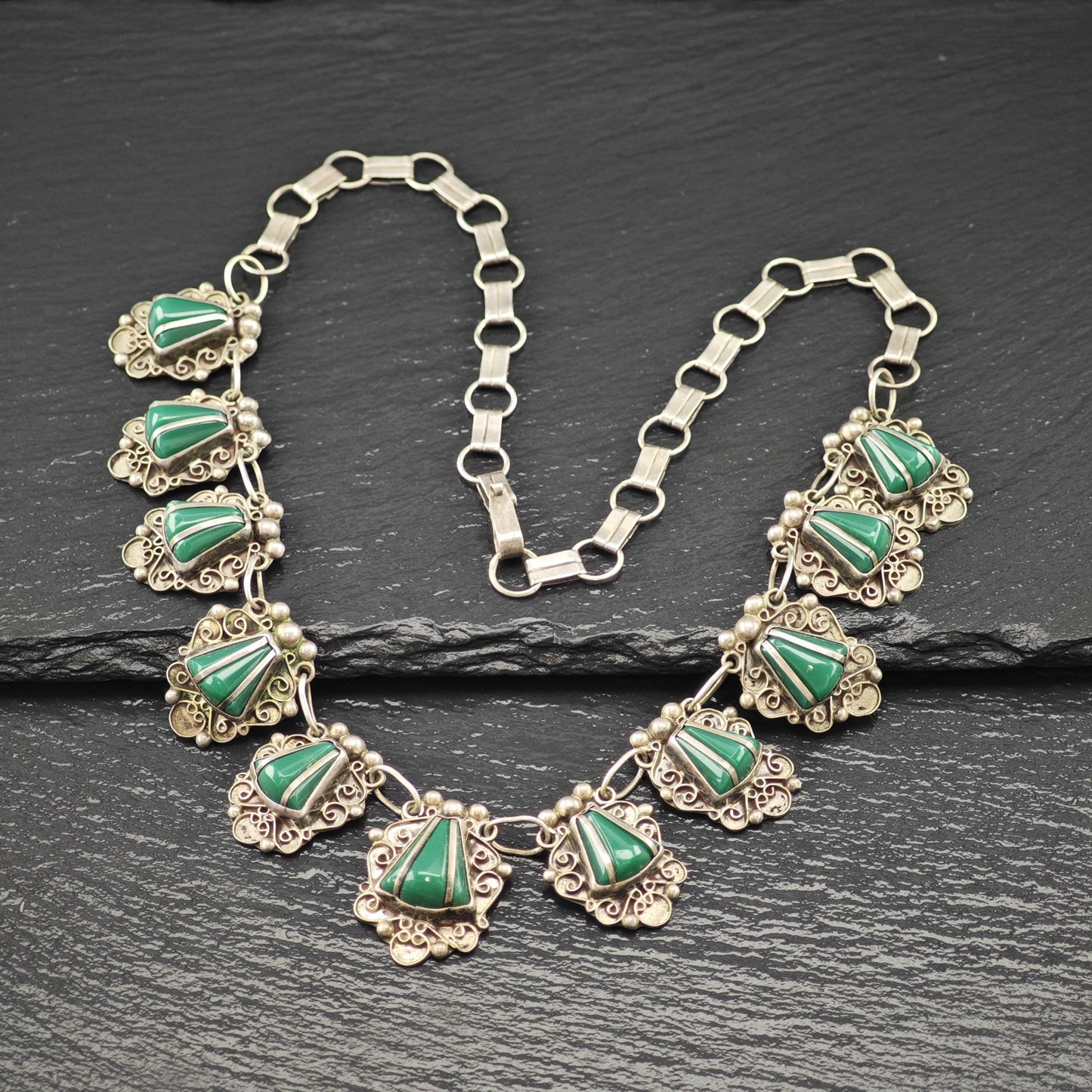 Sterling Silver Necklace: Taxco Green Onyx - Estate Jewelry