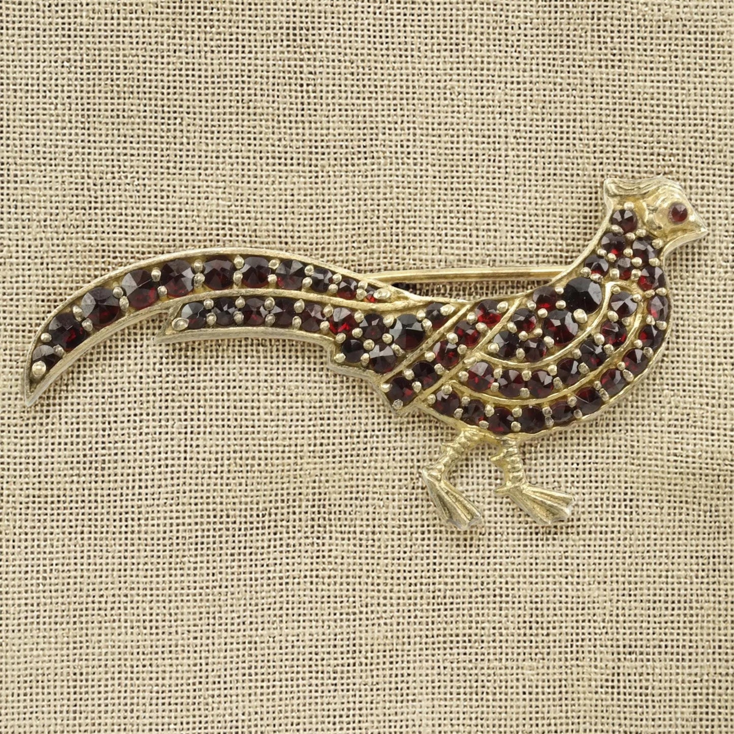 European Sterling Silver Quail Brooch with Bohemian Garnets, 900 Silver, Red Garnet Bird Brooch