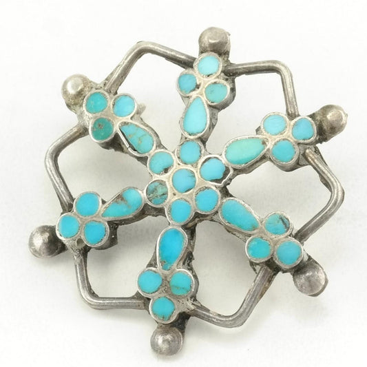 Vintage Zuni, Native American Sterling Silver Brooch Inlay, Snowflake Blue Turquoise