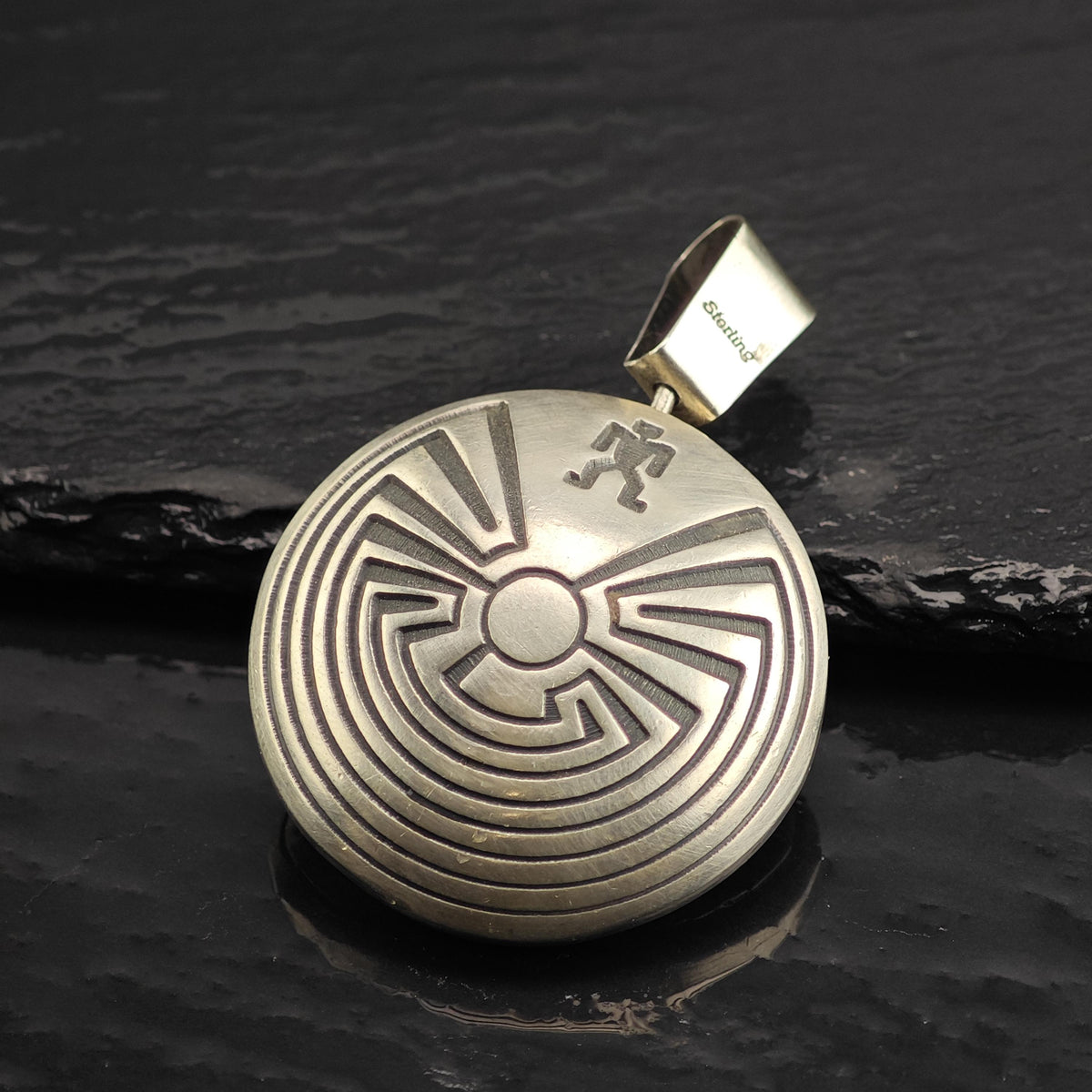 Hopi Overlay Tapuat Overlay Round Sterling Silver Pendant P3136