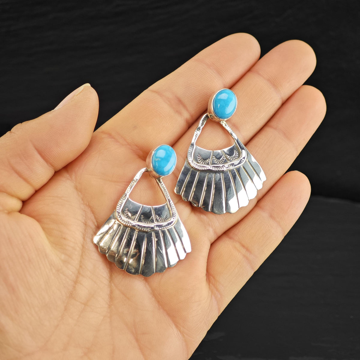 Running Bear Turquoise Fan Sterling Silver Dangle Stud Earrings ER3213