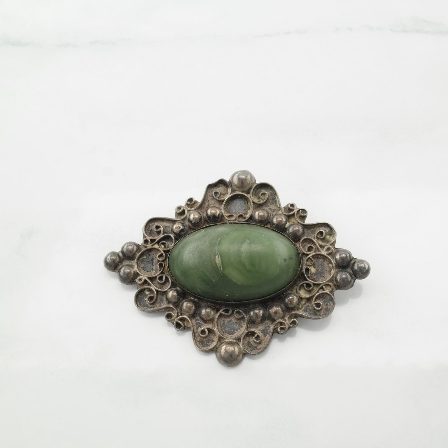 Vintage Taxco Sterling Silver Brooch Green Peruvian Jade