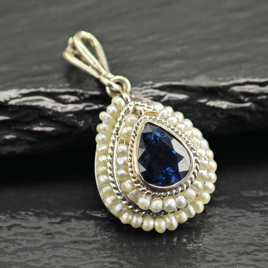 Victorian Natural Sapphire Seed Pearl, 14K White Gold Pendant P3107