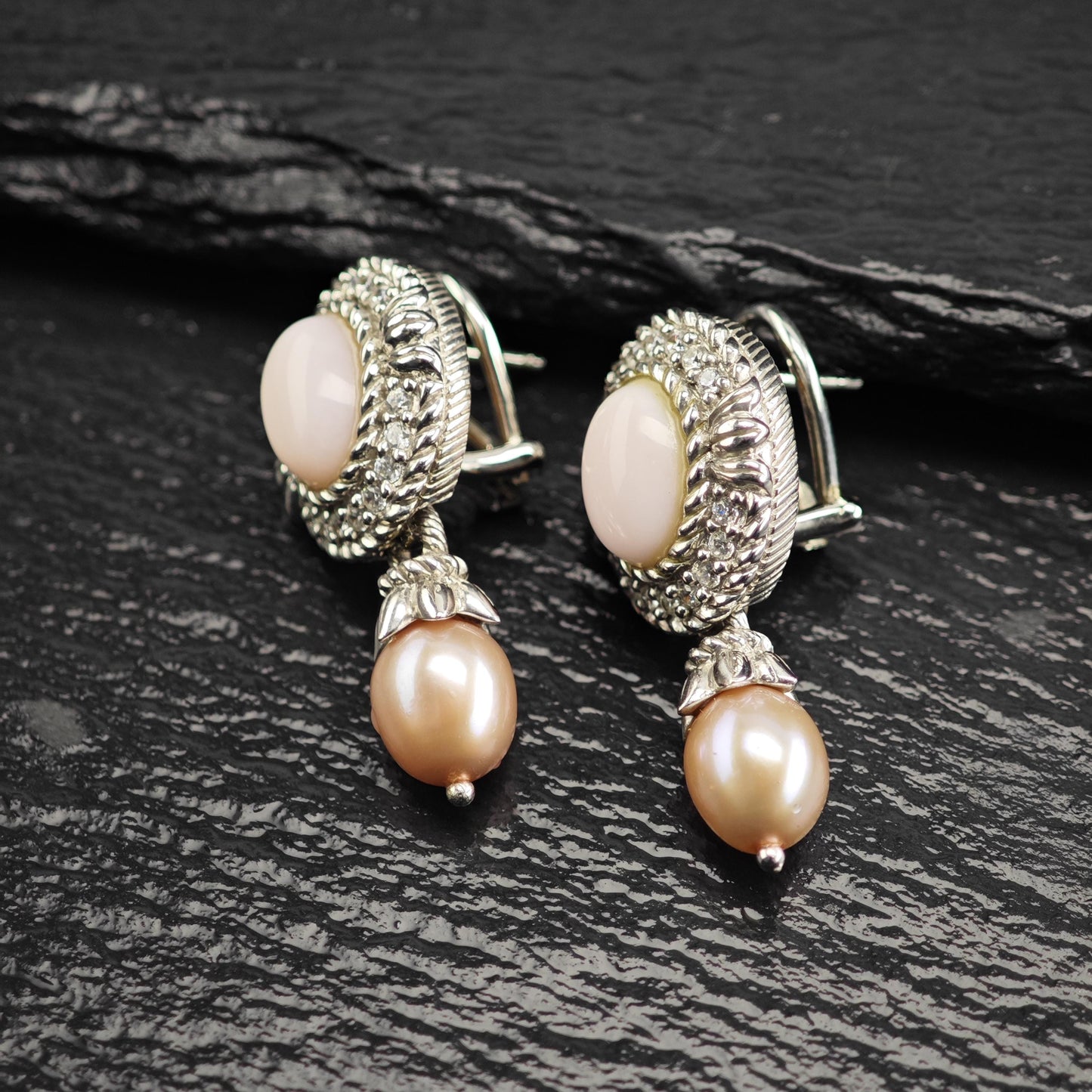 Vintage Judith Ripka Pink Cabochon, Pearl, CZ Omega Back Sterling Silver Earrings ER3195