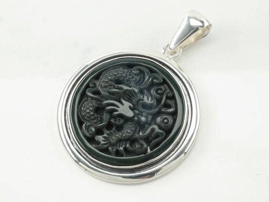 Vintage Carved Gemstone Dragon Sterling Silver Dark Green Pendant