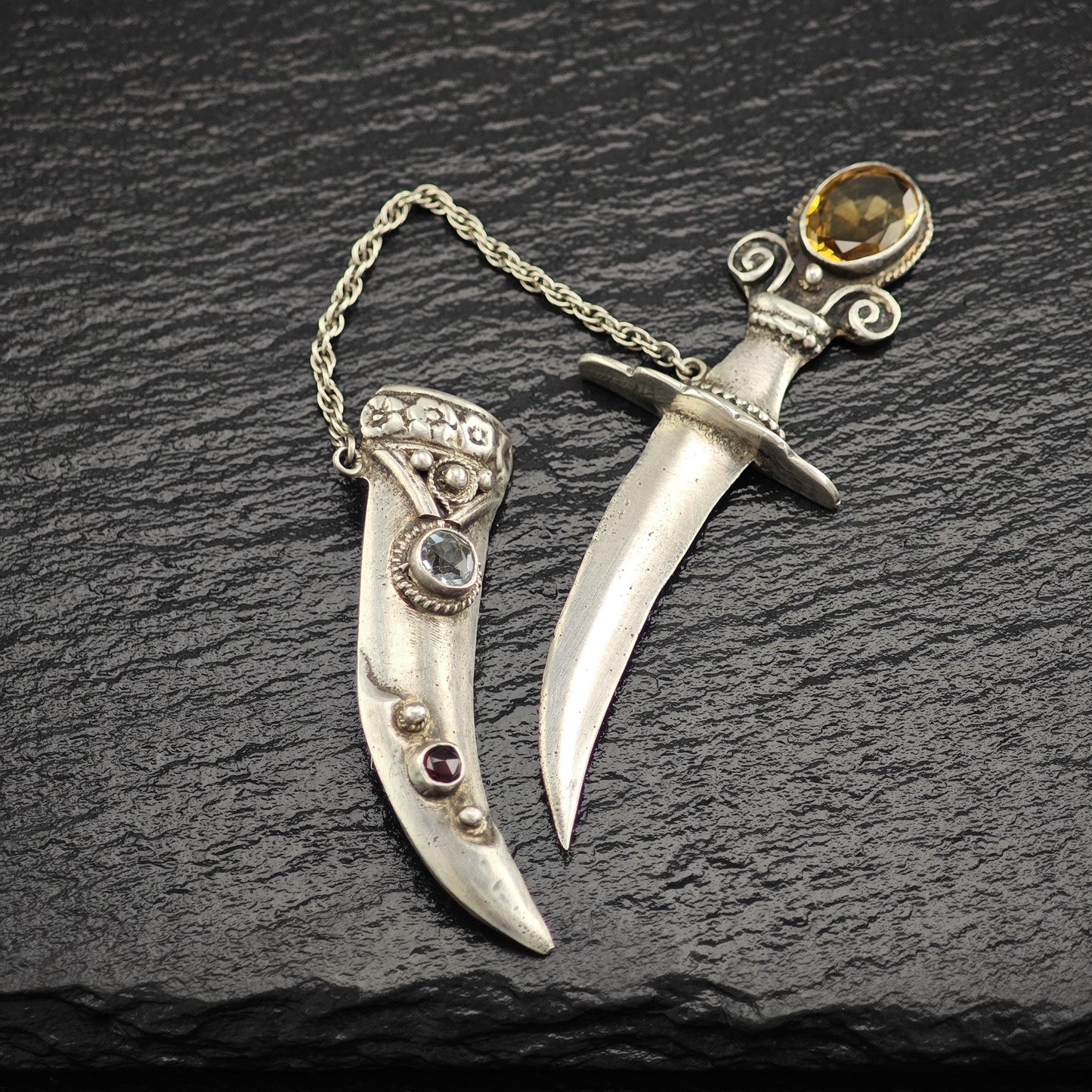 Handmade Sterling Silver Scimitar Brooch with Citrine Aquamarine Garnet Accents