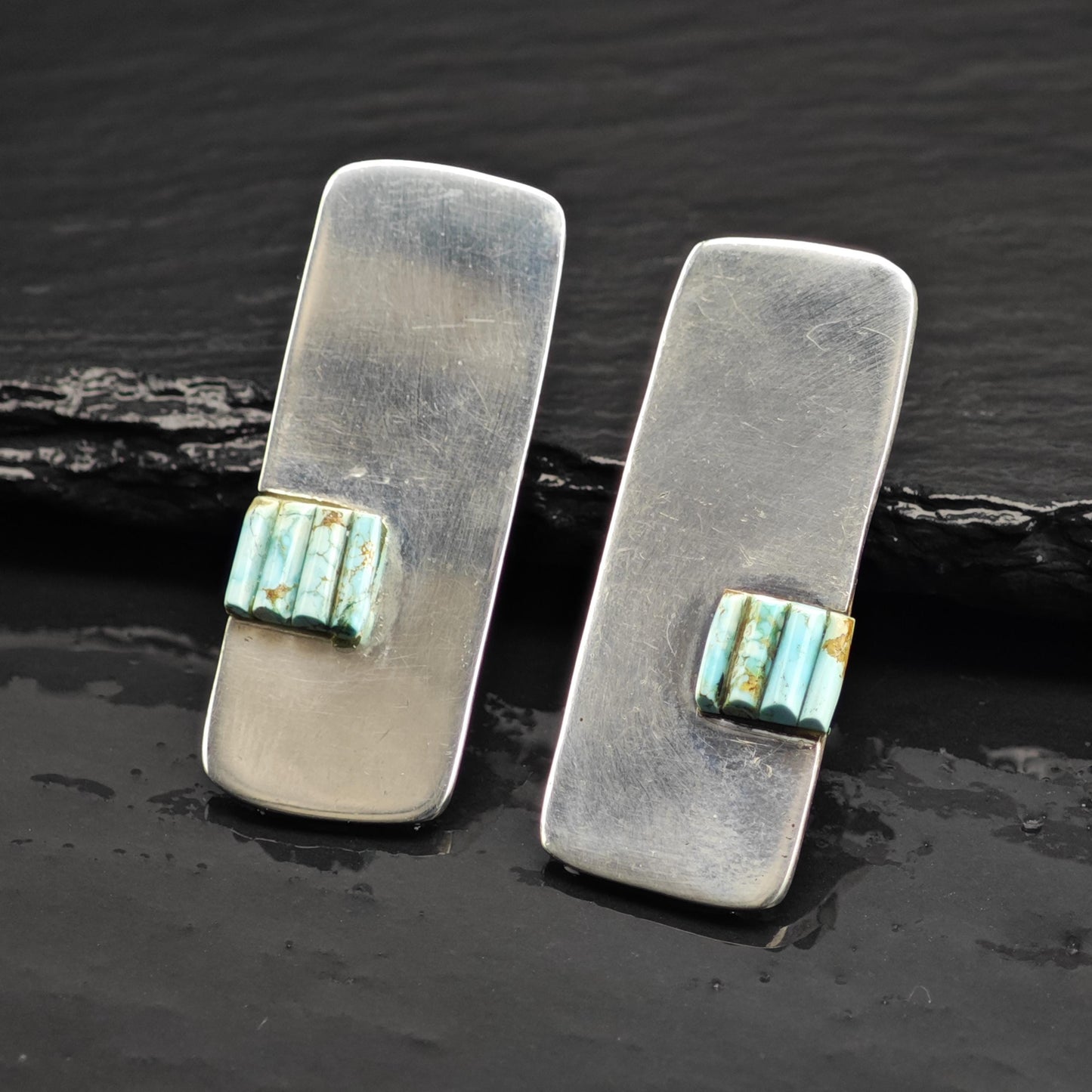 AS IS, Native American #8 Turquoise Cobble Stone Inlay Sterling Silver Stud Earrings ER3120