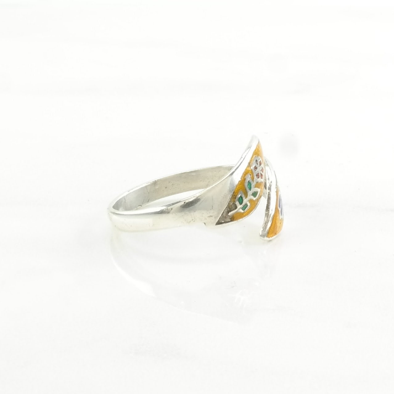 Siam Silver Ring Enamel Floral, Bypass Sterling Yellow Size 9