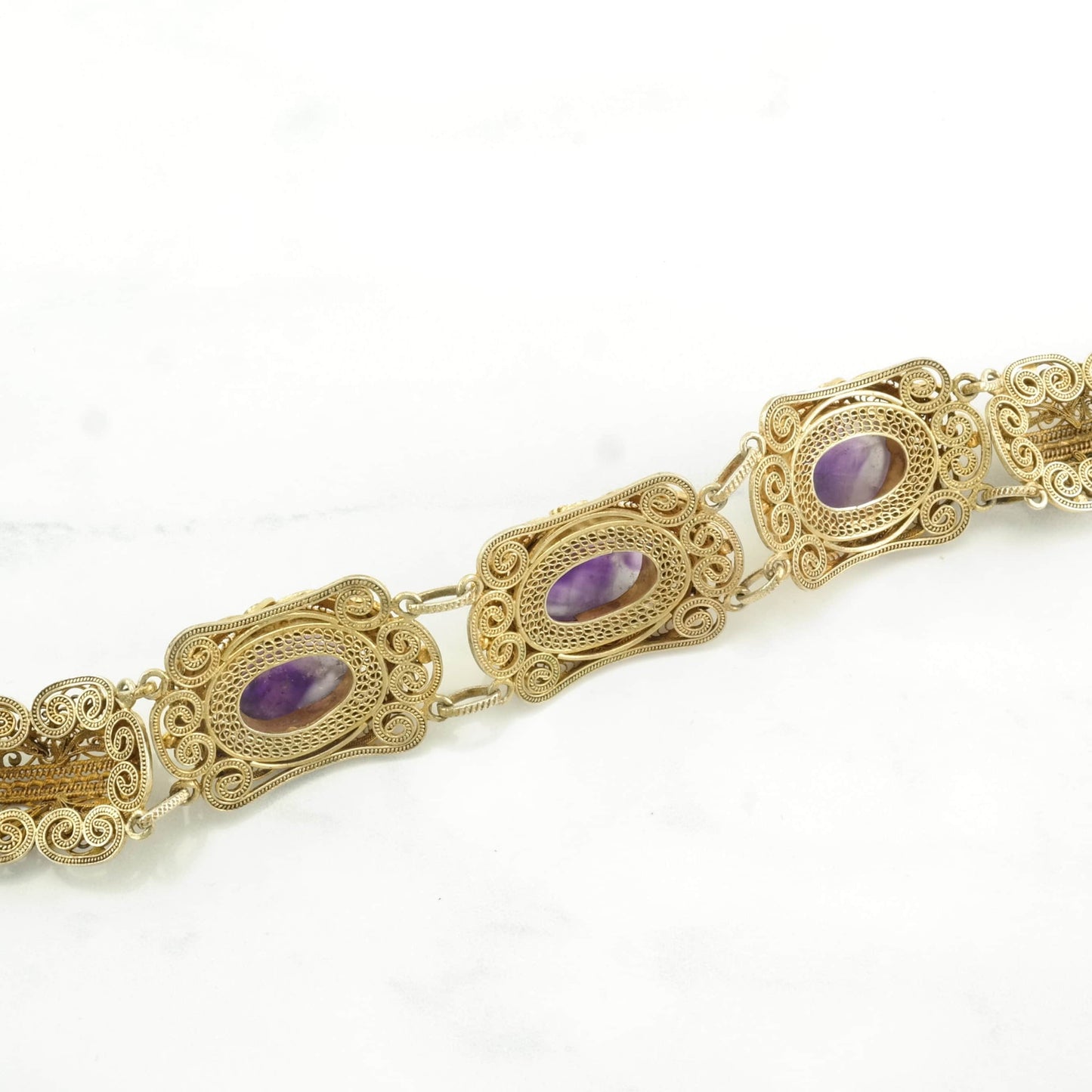 Chinese, Export Sterling Silver Link Bracelet Gold Gilded, Purple Amethyst, Carved, Flower Gold Gilded, Filigree