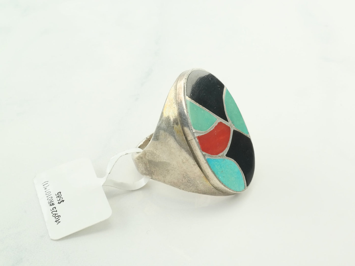 Vintage Native American Silver Ring Turquoise Coral Onyx Inlay Sterling Red Green Black Size 10 3/4