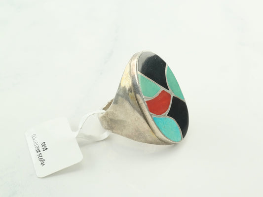 Native American Silver Ring Turquoise Coral Onyx Inlay Sterling Red Green Black Size 10 3/4