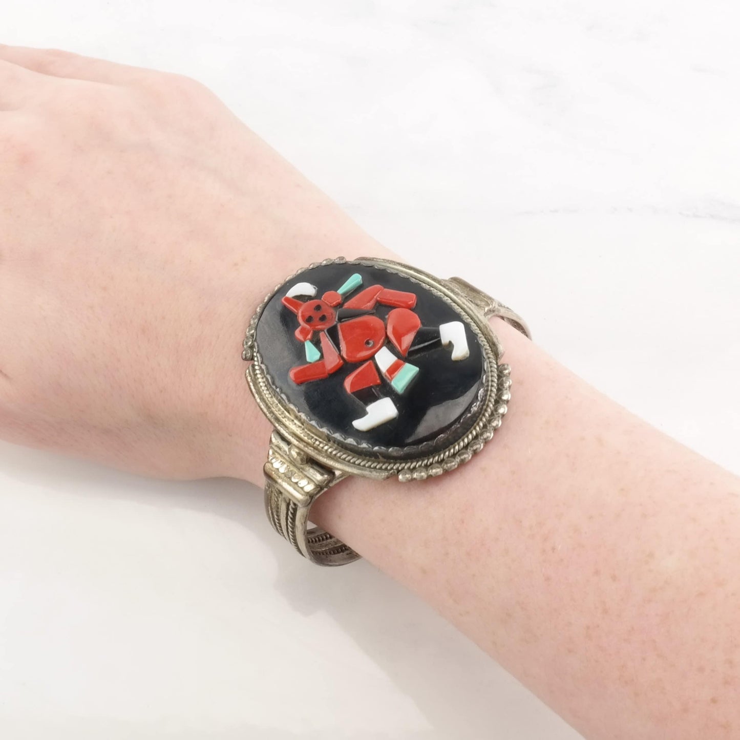 Coral Inlay Cuff Bracelet Native Zuni Sterling Silver Bev Etsate BR2464