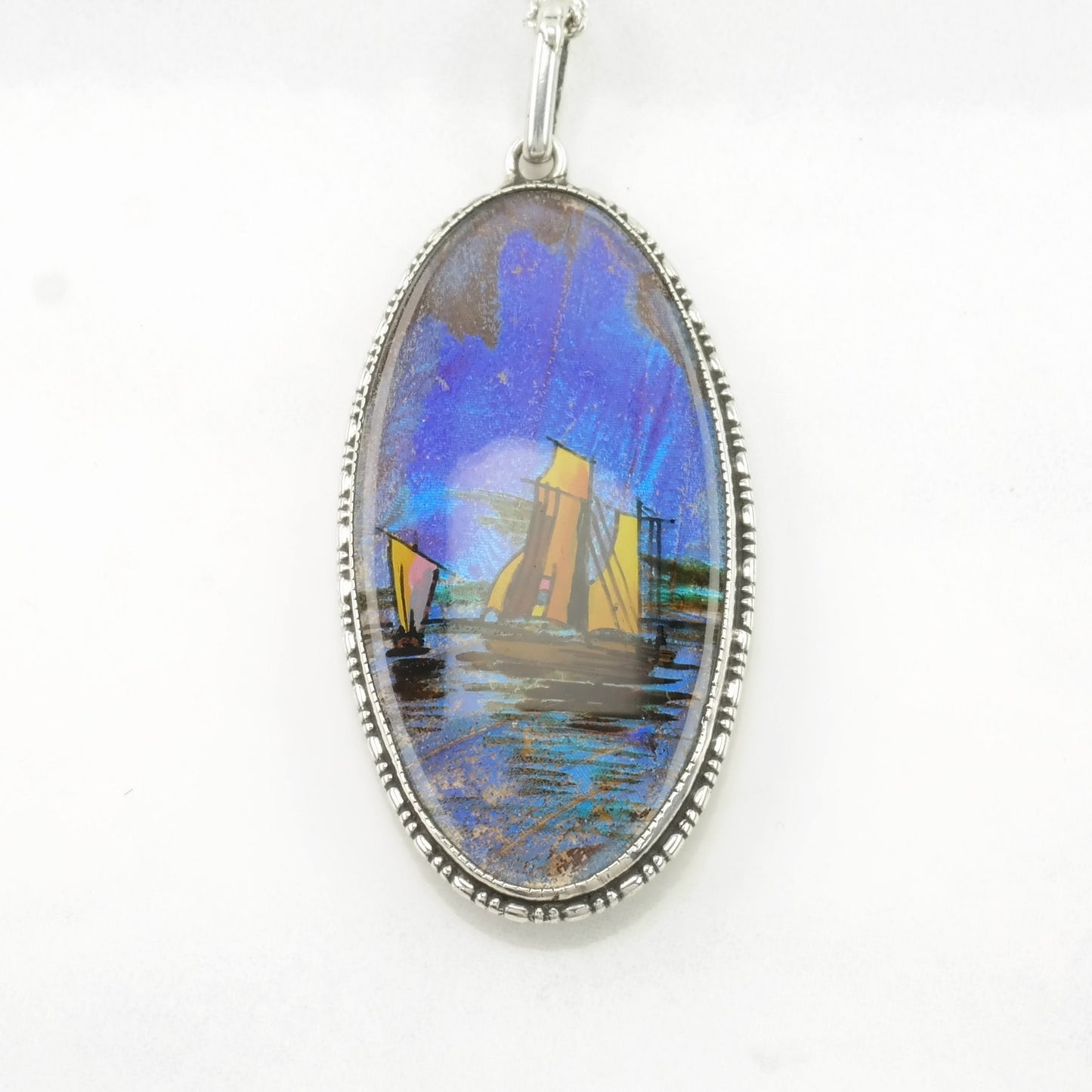 Vintage English Sterling Silver Blue, Iridescent Butterfly Wing Painted Boats Necklace