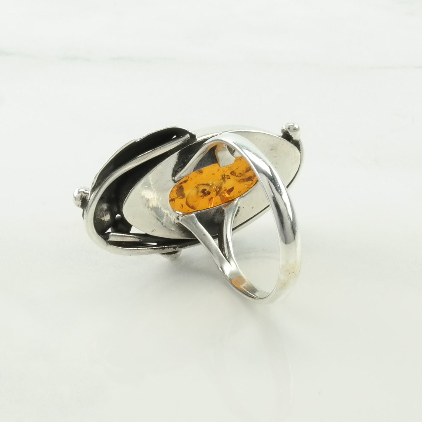 Art Nouveau Style Silver Ring Amber Floral Sterling Orange Size 9