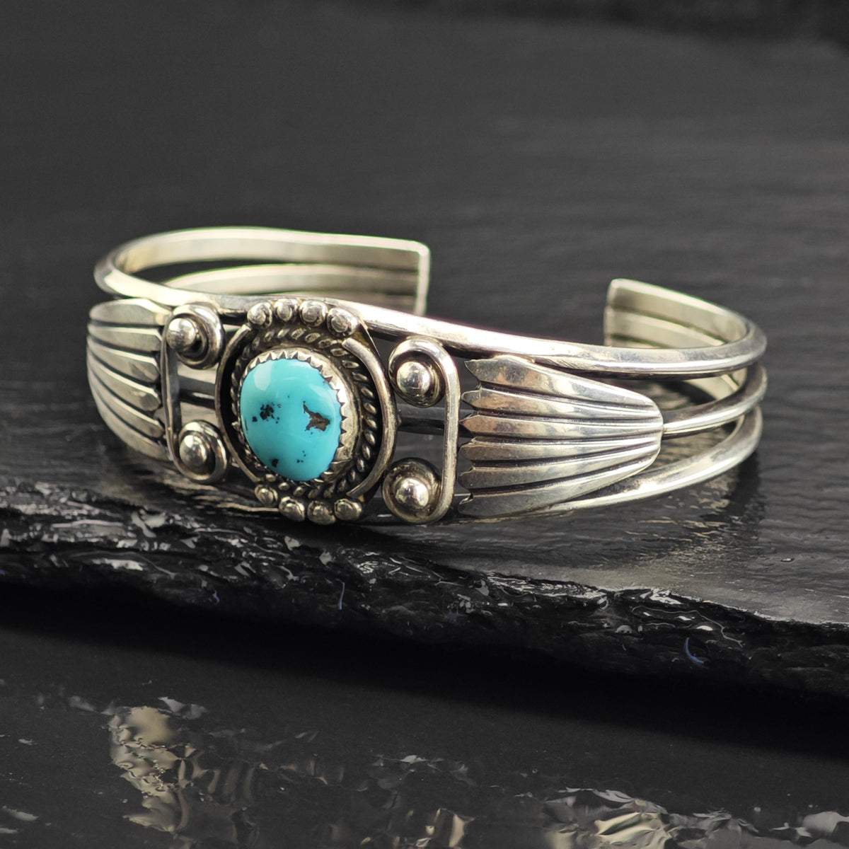 Vintage Navajo, Turquoise Detailed Sterling Silver Cuff Sz 6" BR3132