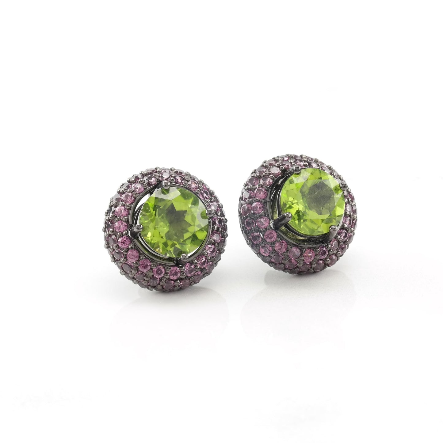 Vintage Oxidized Sterling Silver Stud Earrings Natural Peridot Garnet