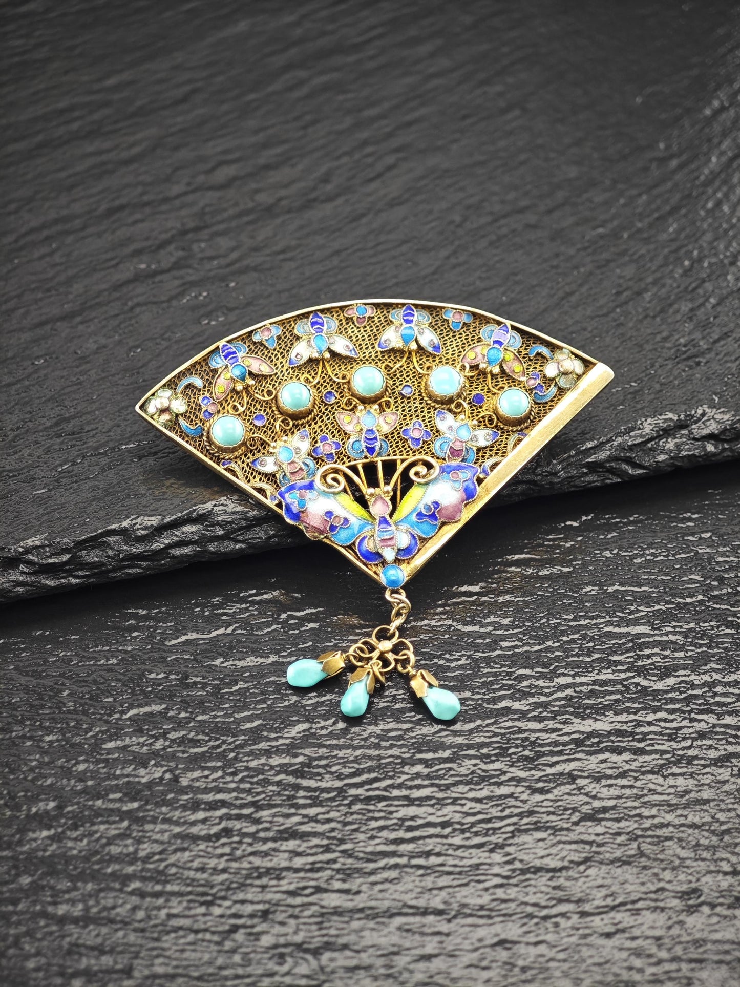 Chinese Enamel Gilt, Brooch Sterling Silver