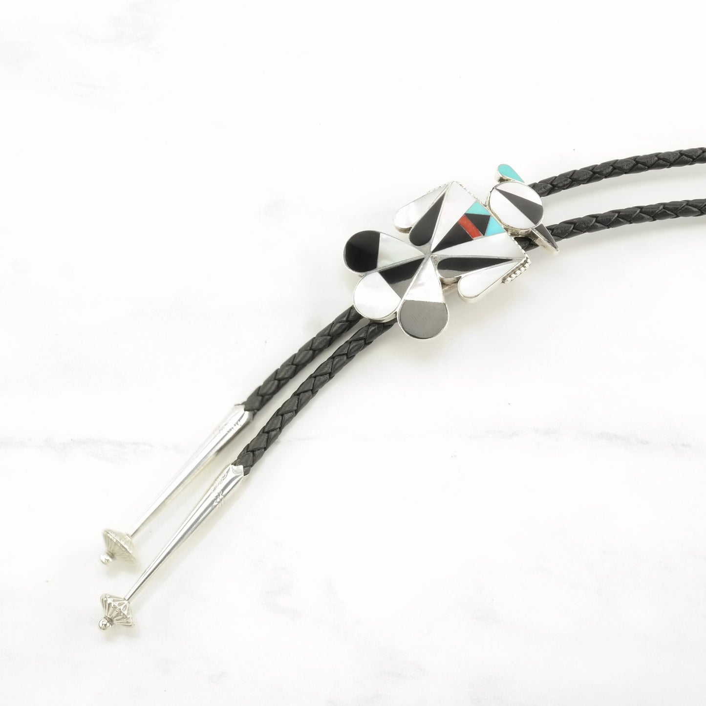 Native American Sterling Silver MOP, Onyx, Turquoise, Coral Bird, Inlay Bolo Tie