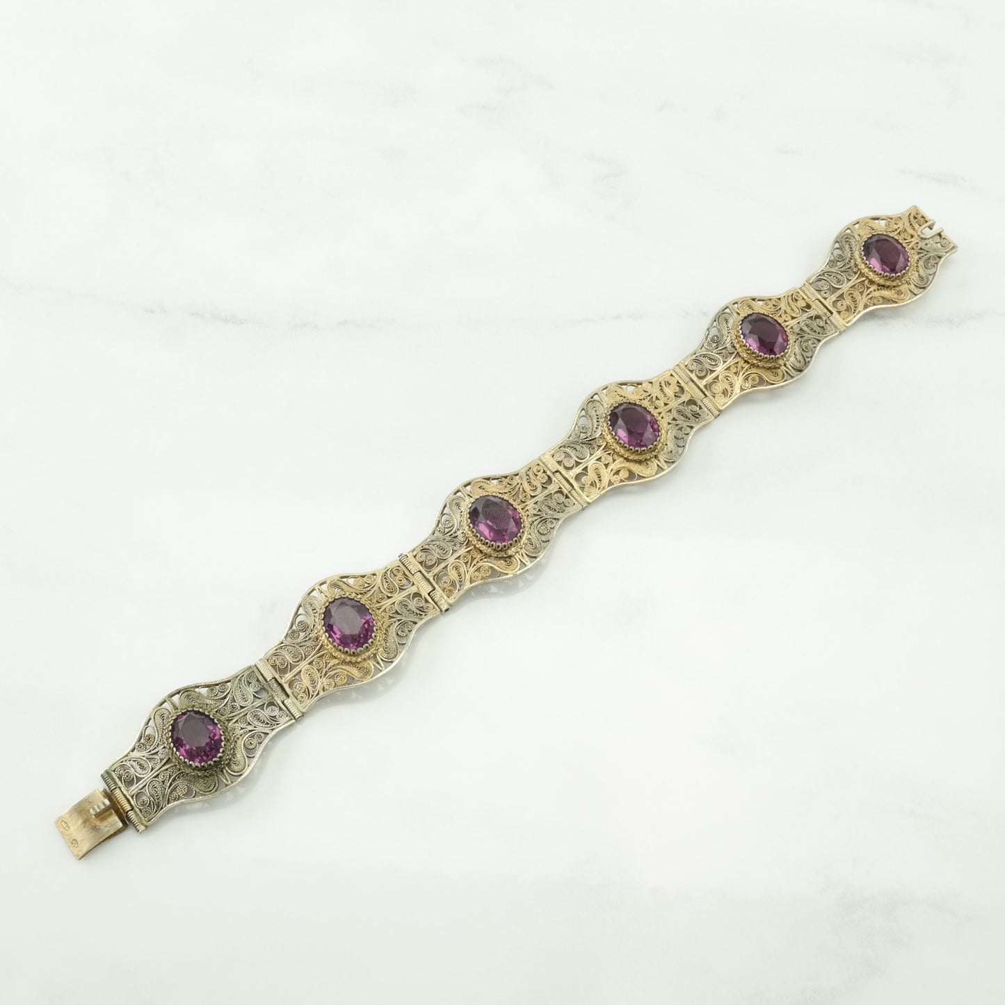 European Sterling Silver Link Bracelet Purple Amethyst Filigree