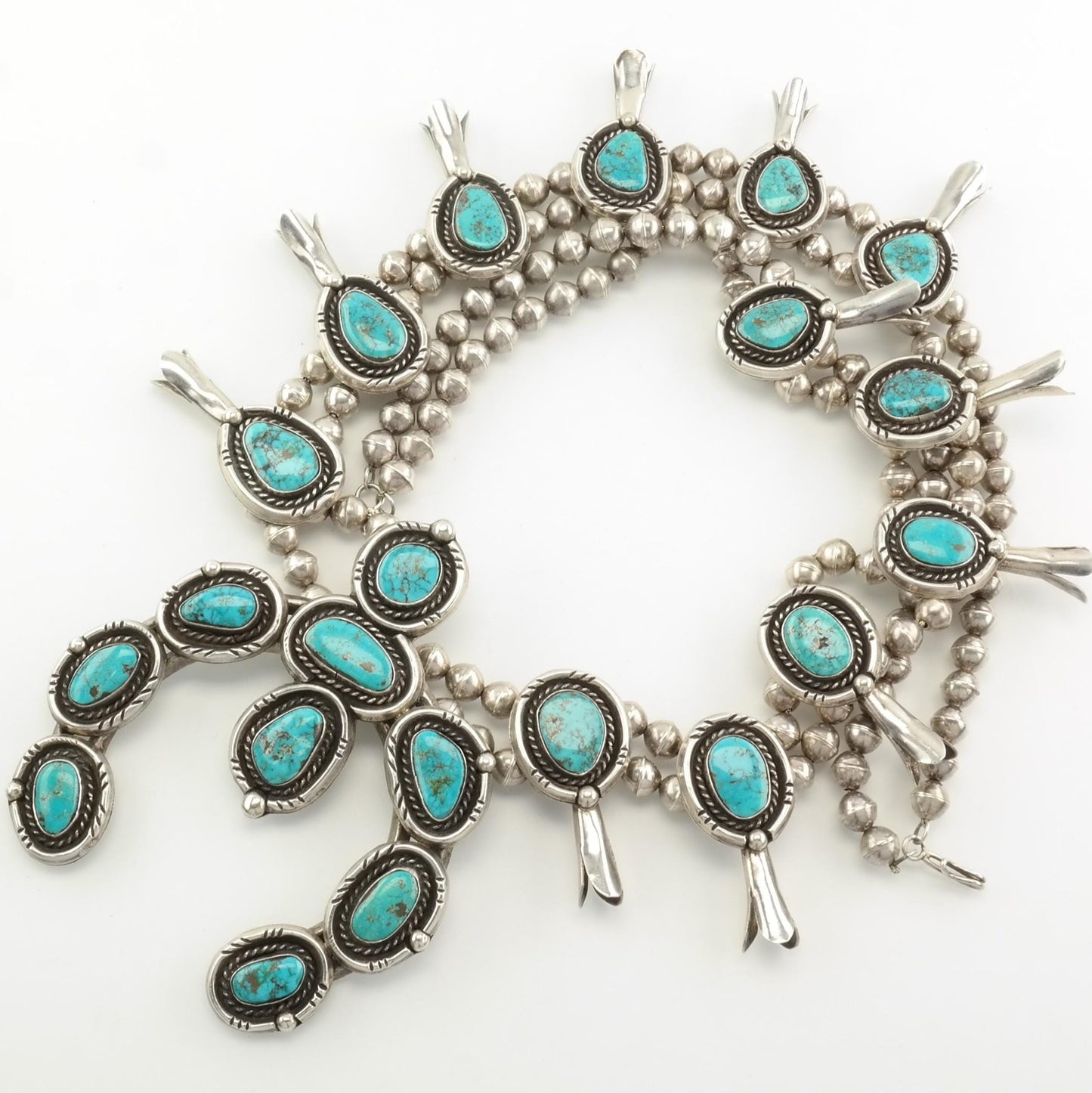 Vintage Native American Sterling Silver Blue Turquoise Necklace Squash Blossom