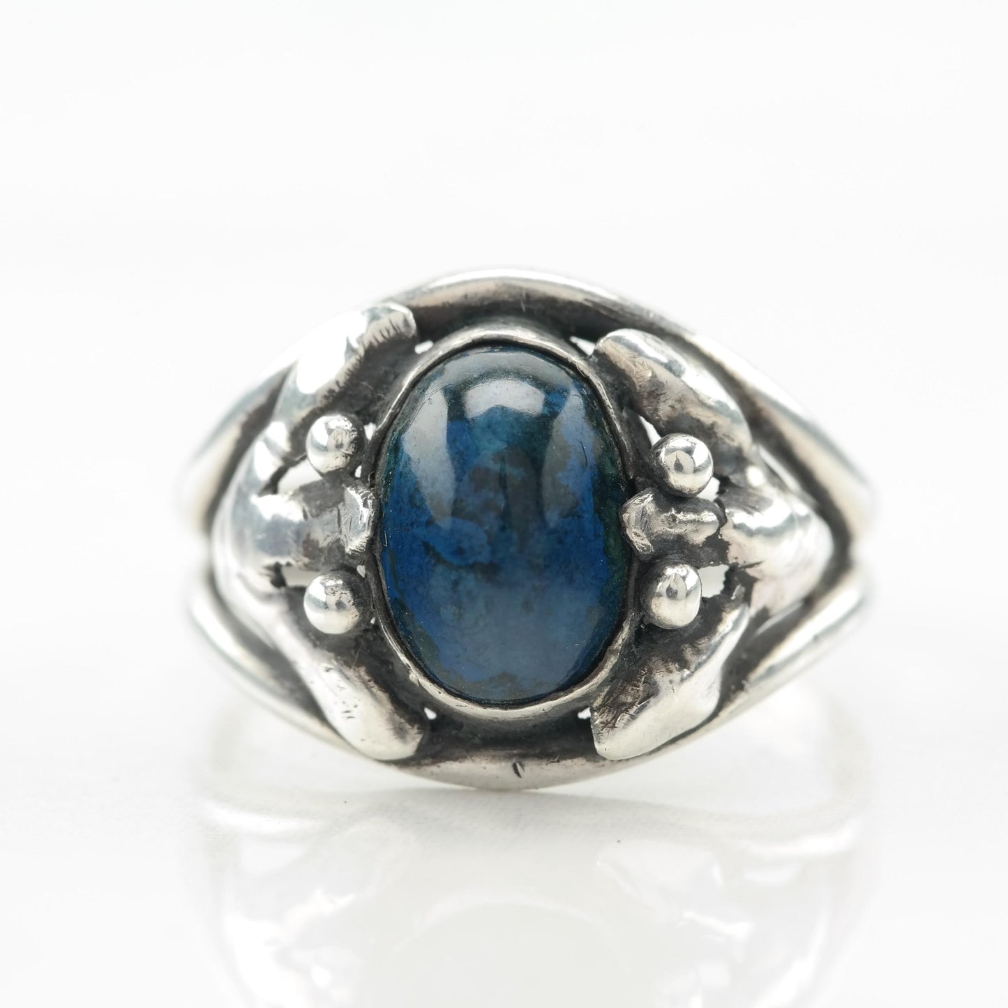 Blue Agate Art Nouveau Silver Ring Sterling Size 6 1/2