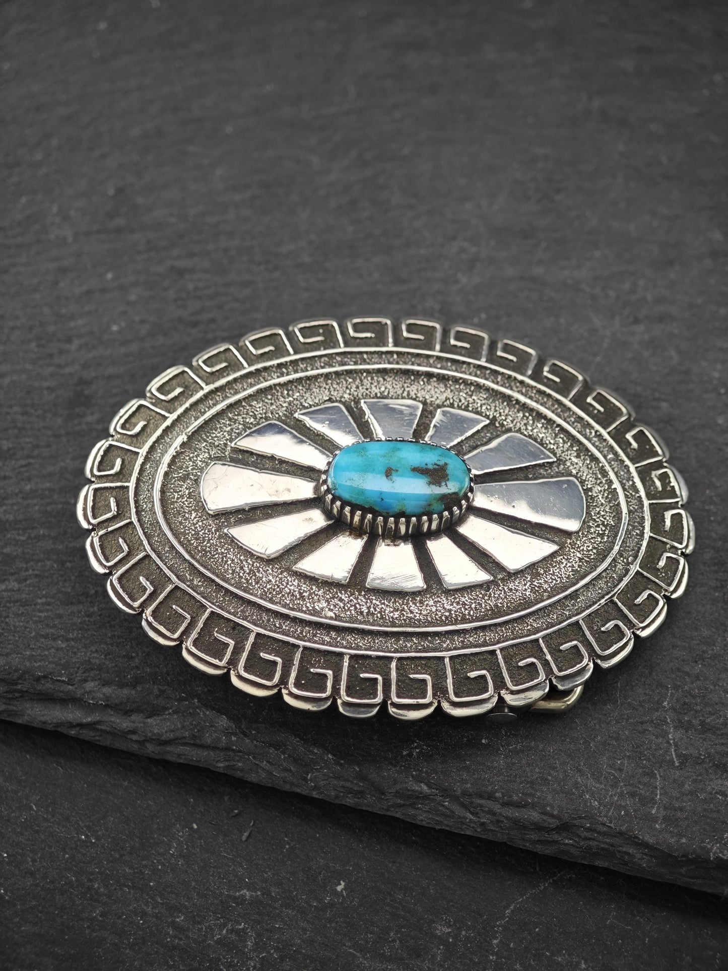 Signed Native American, Tufa Cast Belt Buckle Sterling Silver