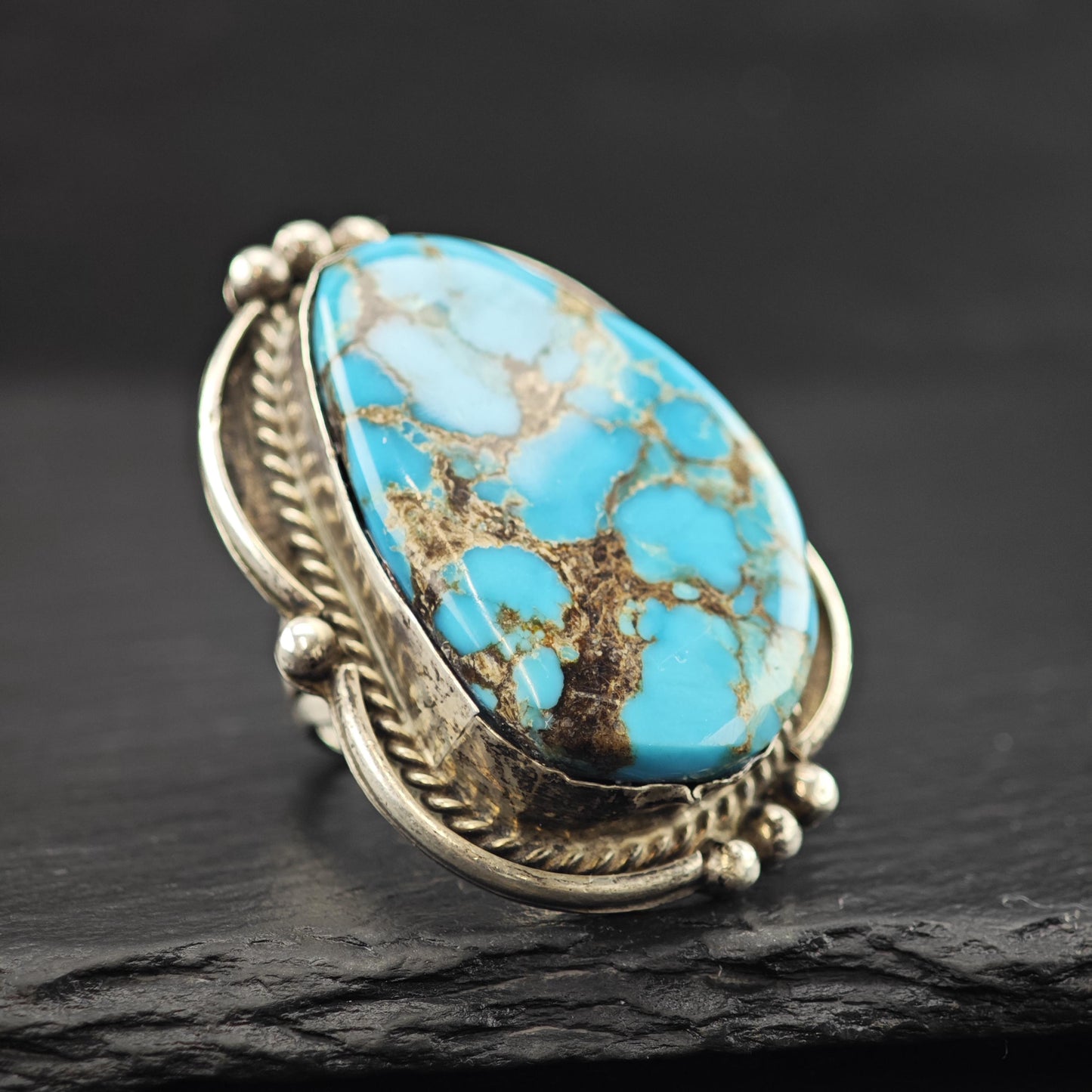 Southwest Large Spiderweb Turquoise Ring Sterling Silver Sz 9 1/4 R6034