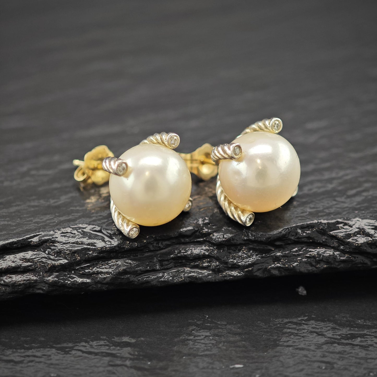 Vintage David Yurman White Pearl, Diamond 14k Gold Post Sterling Silver Stud Earrings