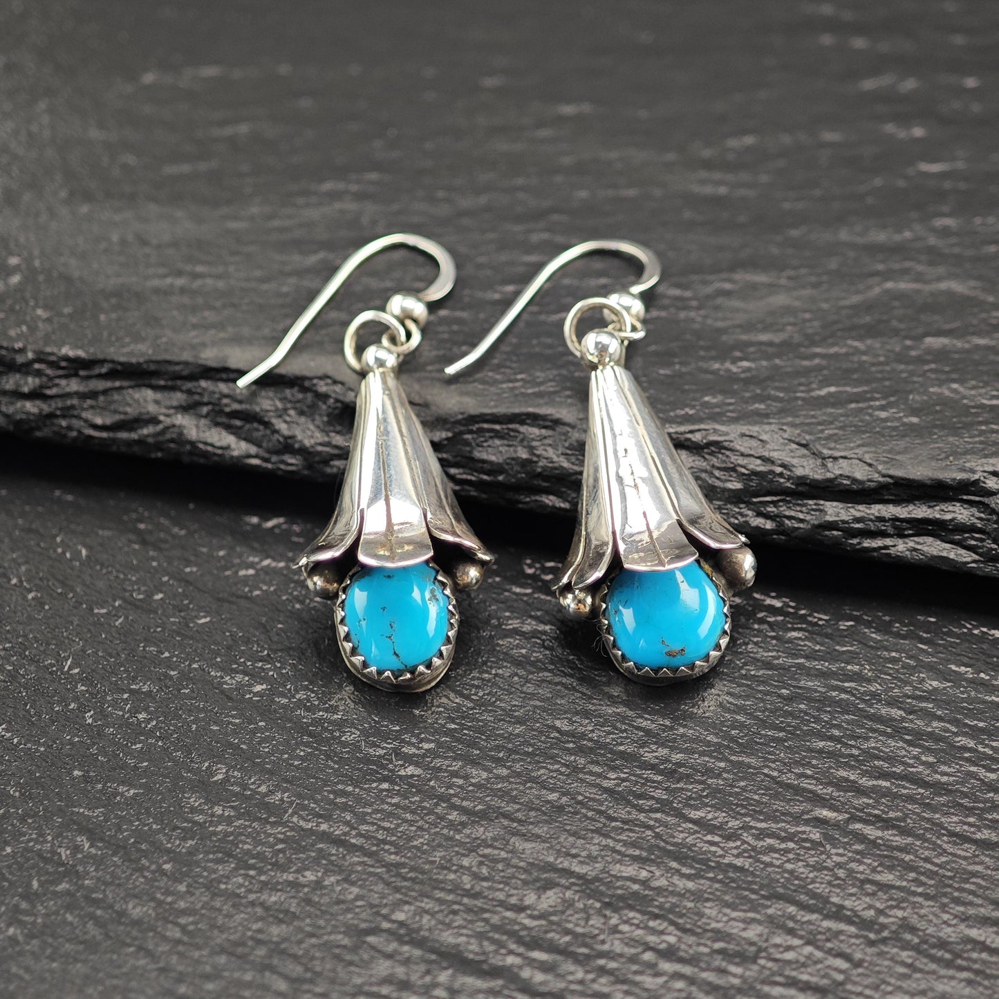 Vintage Blue Turquoise Blossom, Fish Hook Earrings Sterling Silver
