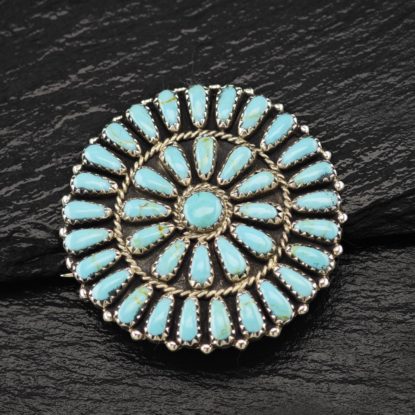 Vintage Southwest Sterling Silver Brooch Cluster, Blue Block Turquoise